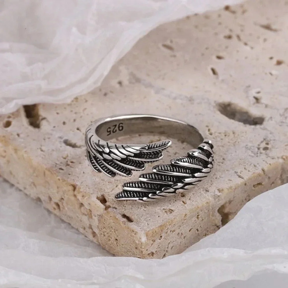 925 Sterling Silver Wings Ring Silver Wrap Ring Vintage Angel Wings Ring - Picture 3 of 5
